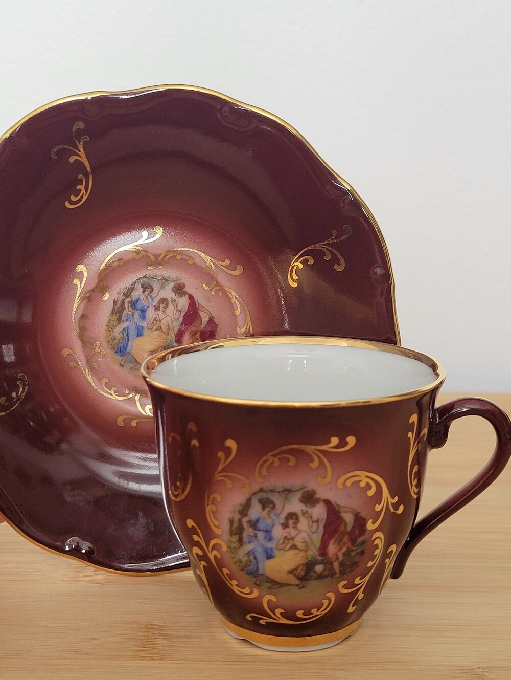 VTG Bohemian "Three Graces" porcelain burgundy coffee cup & saucer gold plated